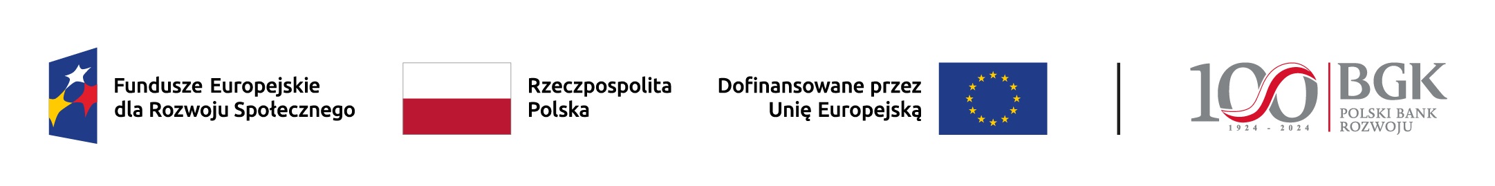 Zestawienie znaków: Fundusze Europejskie dla Rozwoju Społecznego, Barwy Rzeczypospolitej Polskiej, Dofinansowane przez Unia Europejska, BGK Polski Bank Rozwoju